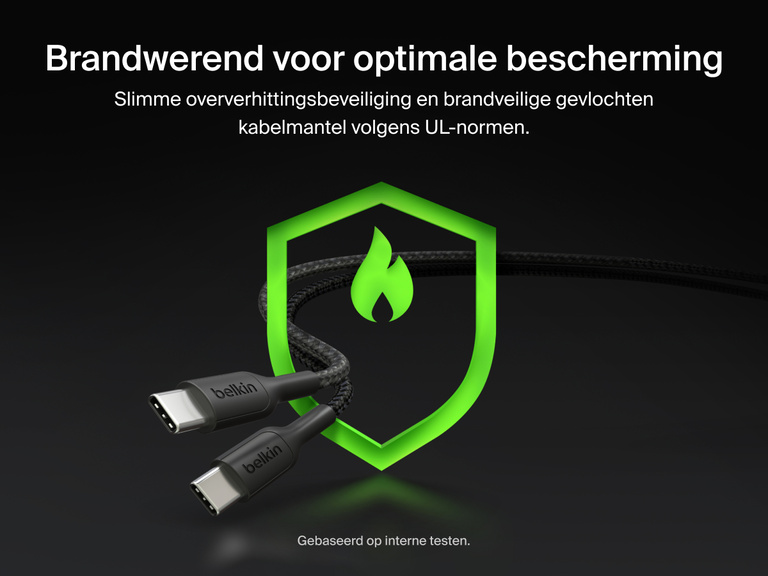 De Belkin BoostCharge Pro gevlochten USB-C/2x USB-C-kabel heeft een brandwerende constructie met real-time beveiliging tegen oververhitting ten behoeve van veilig opladen met maximaal 140 W.